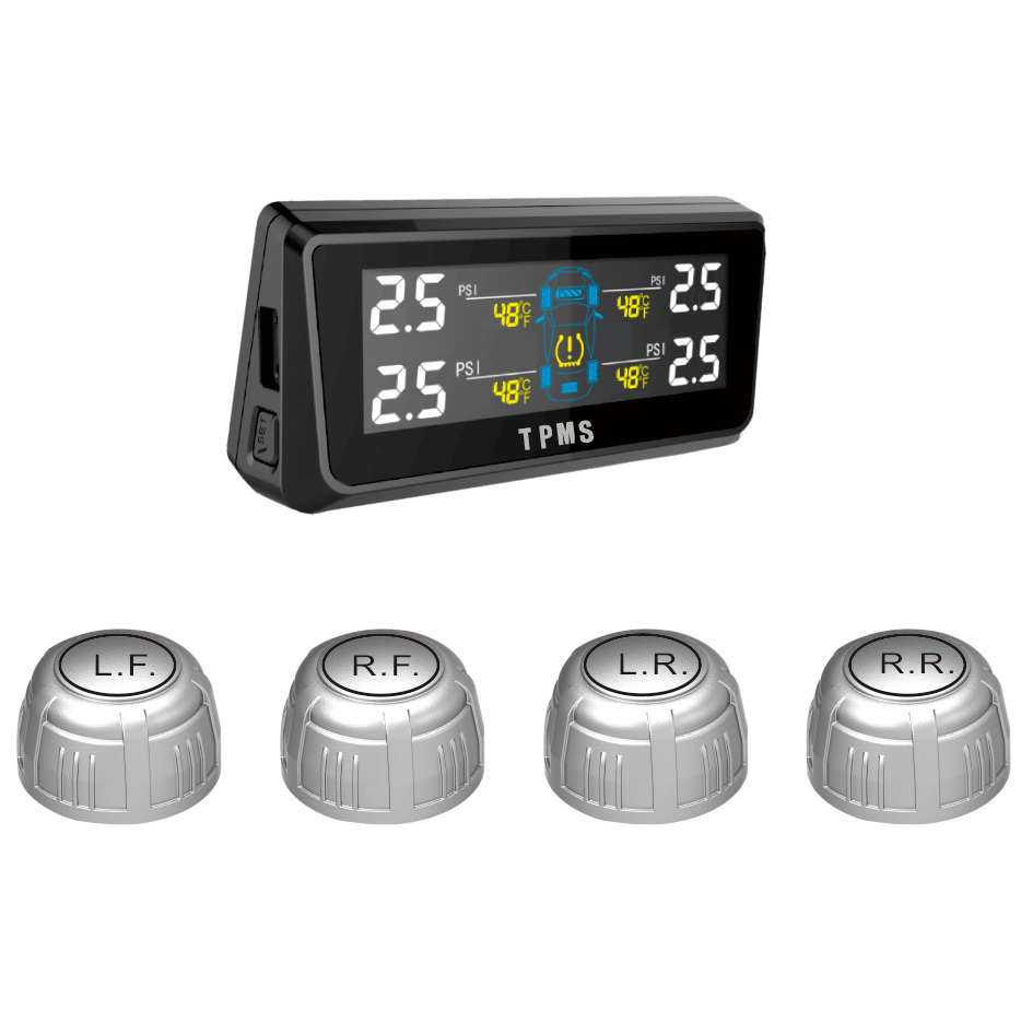 wireless-TPMS-with-4-external-sensors-solar-power-LCD-display-mircoUSB-charge-PSI-BAR-for-SUV