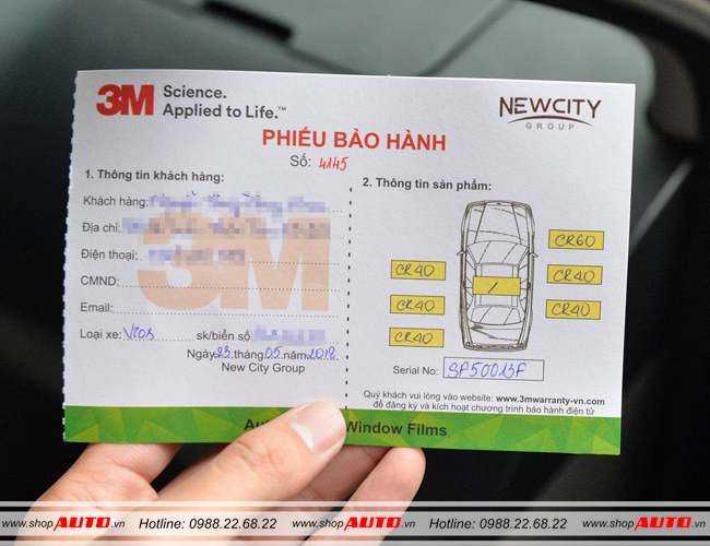 Phiếu bảo hành sau khi lắp đặt phim 3M 